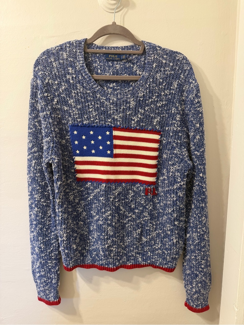Ralph Lauren Blue Marled Crewneck Sweater with American Flag
